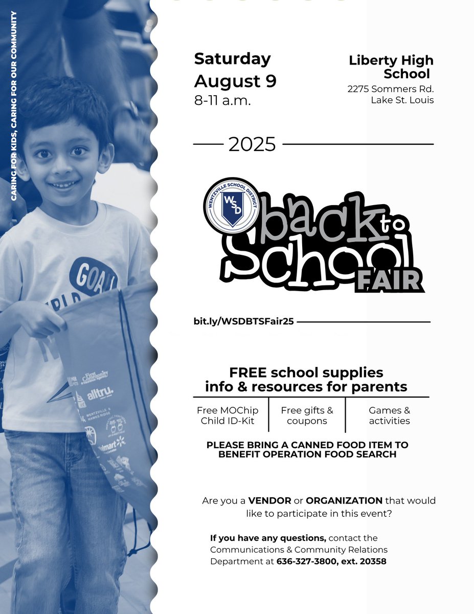 Wentzville Schools (@wsdinfo) on Twitter photo Don’t miss the Back to School Fair <a href="/WSDLibertyHS/">WSD Liberty HS</a> this Saturday, Aug. 9, from 8-11! Bring a canned food item for <a href="/OPFoodSearch/">OperationFoodSearch</a> to enter a raffle for a YETI Tundra cooler packed with school supplies! The event helps get supplies to WSD students who need them most. #WeAreWentzville Don’t miss the Back to School Fair <a href="/WSDLibertyHS/">WSD Liberty HS</a> this Saturday, Aug. 9, from 8-11! Bring a canned food item for <a href="/OPFoodSearch/">OperationFoodSearch</a> to enter a raffle for a YETI Tundra cooler packed with school supplies! The event helps get supplies to WSD students who need them most. #WeAreWentzville
