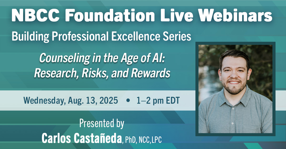 Don't forget to register for our next free webinar. Earn 1 continuing education clock hour for attending! Register now and join us live on Wednesday, Aug. 13, from 1–2 pm EDT.

Register at nbccf.org/webinars/upcom….

#NBCCF #Webinar #Counseling #AI #MentalHealthMatters