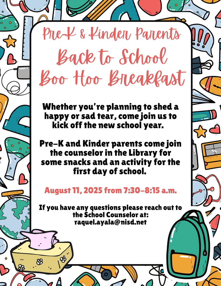 Rachel Ayala (@mrsr_ayala) on Twitter photo Calling all Pre-K and Kinder parents <a href="/NISDAdamsHillES/">Adams Hill Elem</a>. Join me in the library for a fun activity, snacks and maybe shed a few tears as your little ones start their first day back to school. Calling all Pre-K and Kinder parents <a href="/NISDAdamsHillES/">Adams Hill Elem</a>. Join me in the library for a fun activity, snacks and maybe shed a few tears as your little ones start their first day back to school.