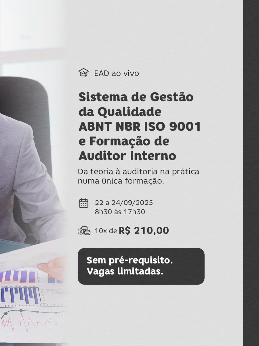 📅 22 a 24 de setembro | 8h30 às 17h30
🕘 Carga horária: 24 horas
💳 Investimento: 10x R$ 210,00 sem juros
🎓 Instrutor: Nelson Fortuna Basto Cordeiro
👉Acesse wa.me/551130173638

#ABNT #CursoISO9001 #FormaçãoAuditor #AuditoriaInterna #GestãoDaQualidade #ABNTEducação