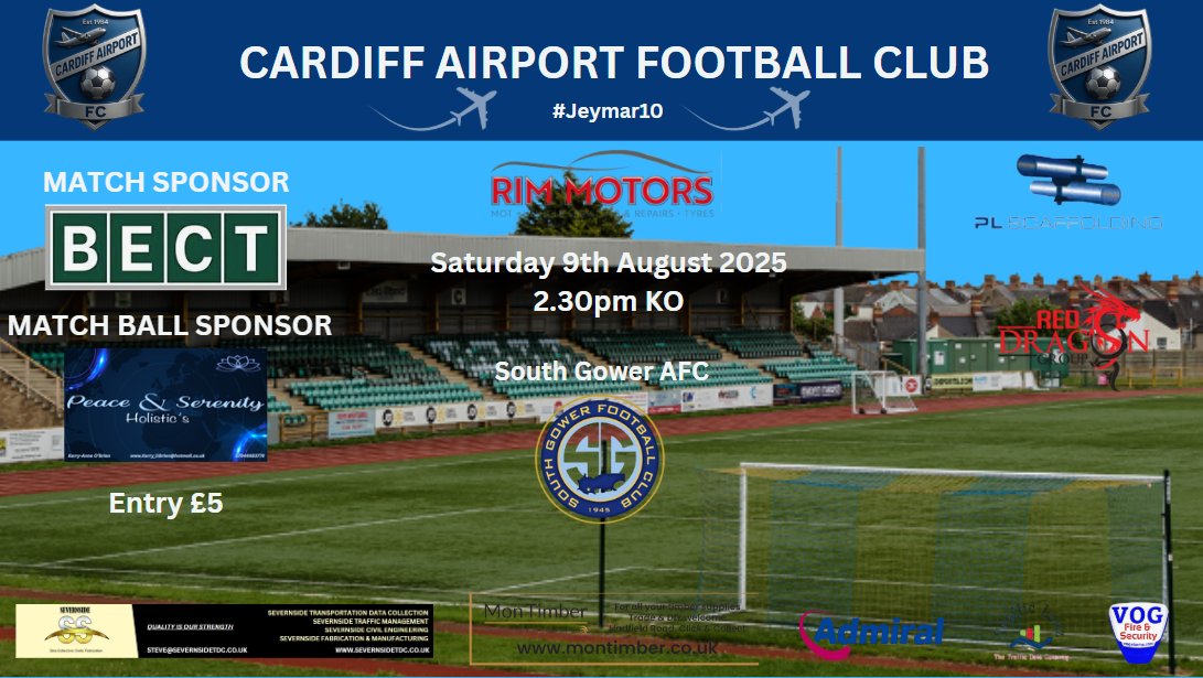 We start our Ardal South West Campaign at Jenner Park for the first time against <a href="/SouthGowerFC/">South Gower Football Club</a> 2.30pm 
Match Sponsors BECT

Cardiff Airport 2nds play the ASRS Cup straight after the game v <a href="/ValeMadrid_FC/">Vale Madrid Football Club</a> 6.00pm KO