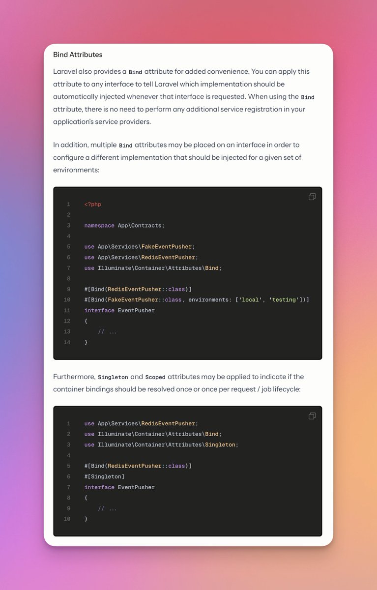 taylorotwell's tweet image. Laravel&apos;s new #[Bind] attributes are now documented and ready for your applications. 🫡
