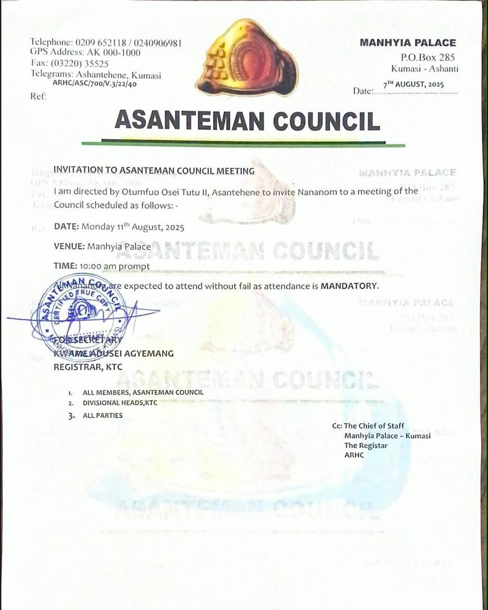 Asante_nation's tweet image. Immediate Release‼️
Please be informed that Otumfuo Osei Tutu II, Asantehene, has scheduled Monday, August 11th, 2025, for the Asanteman Council Meeting at the Manhyia Palace.
Time: 10:00am
All Nananom are MANDATED to attend.
