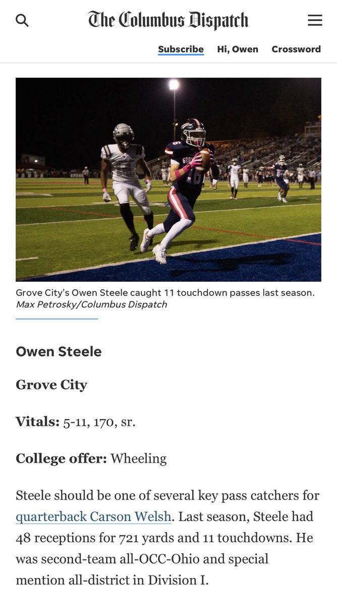 owen steele (@steeleowen16) on Twitter photo Thank you Columbus Dispatch for naming me a top 10 WR/TE for the upcoming season, can’t wait to have a great senior season and to show out.
<a href="/GCFBRecruiting/">Grove City Recruiting</a> Thank you Columbus Dispatch for naming me a top 10 WR/TE for the upcoming season, can’t wait to have a great senior season and to show out.
<a href="/GCFBRecruiting/">Grove City Recruiting</a>