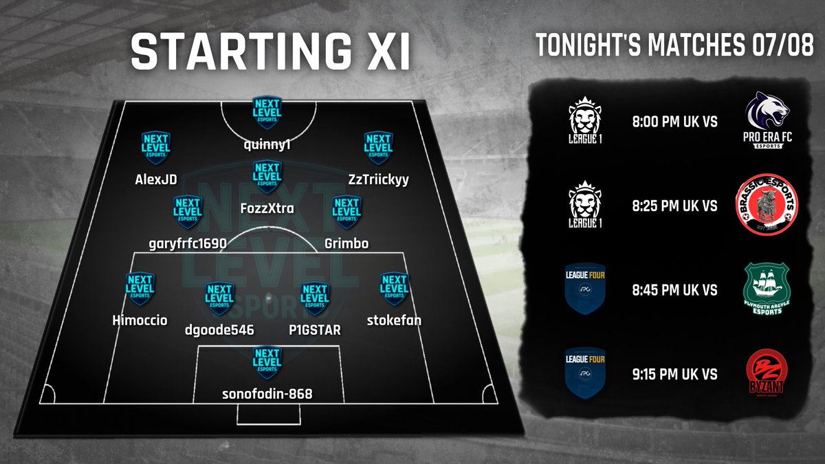NextLevelHQ (@nextlvlhq) on Twitter photo 🔵⚫️ MATCHDAY 6 | NEXT LEVEL ESPORTS ⚫️⚪️
<a href="/OfficialVPG/">Virtual Pro Gaming</a> | <a href="/VPGUK/">VPG United Kingdom</a> | <a href="/VPGEurope/">Virtual Pro Gaming | Europe</a>
⏰ 20:00 🆚 <a href="/ProEraFC/">Pro Era FC</a>
⏰ 20:25 🆚 Brassic Esports
⏰ 20:45 🆚 <a href="/ArgyleEsports/">Plymouth Argyle Esports</a>
⏰ 21:15 🆚 Byzant Esports
#NextLevelEsports #EAFC25 #ProClubs #WhereGamersReachNewHeights 🔵⚫️ MATCHDAY 6 | NEXT LEVEL ESPORTS ⚫️⚪️
<a href="/OfficialVPG/">Virtual Pro Gaming</a> | <a href="/VPGUK/">VPG United Kingdom</a> | <a href="/VPGEurope/">Virtual Pro Gaming | Europe</a>
⏰ 20:00 🆚 <a href="/ProEraFC/">Pro Era FC</a>
⏰ 20:25 🆚 Brassic Esports
⏰ 20:45 🆚 <a href="/ArgyleEsports/">Plymouth Argyle Esports</a>
⏰ 21:15 🆚 Byzant Esports
#NextLevelEsports #EAFC25 #ProClubs #WhereGamersReachNewHeights