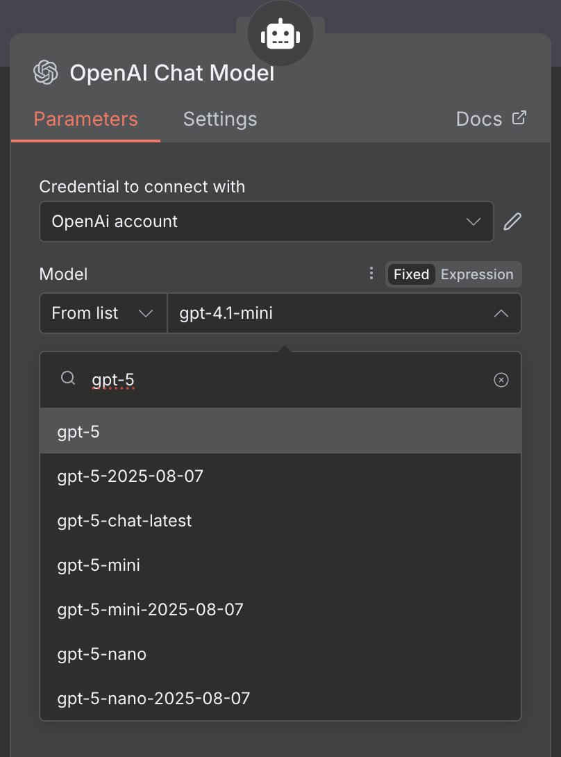 GPT 5 is now available in n8n.