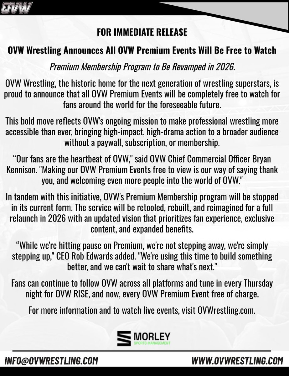 AN IMPORTANT UPDATE REGARDING OVW PREMIUM EVENTS: