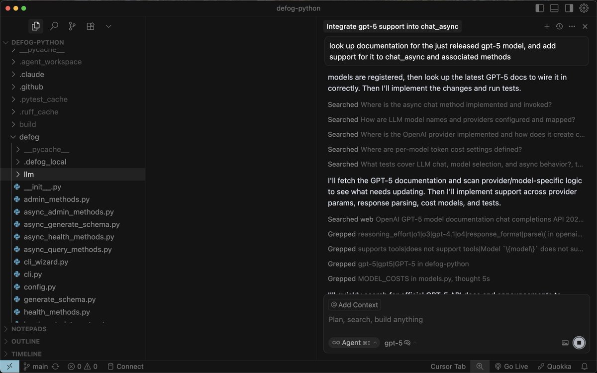 Sheesh, they weren't kidding about GPT-5 being better at tool use. Have not seen an openai model make this many tool calls yet

Also seems really good at making parallel tool calls compared to Opus (atleast from early vibes)

Will check with Codex soon