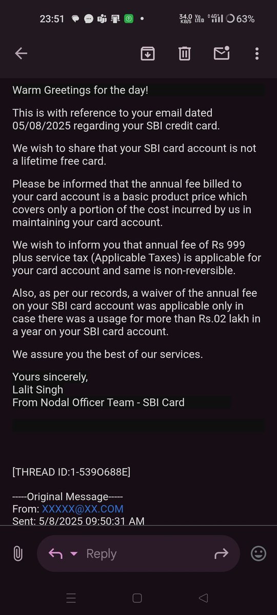 raghav_nitw's tweet photo. @SBICard_Connect so is your nodal officer even after sharing the RBI circular regarding illegal charges for the card without explicit consent by OTP to activate the card is unaware of RBI guidelines? Or is it a tactic to fool gullible consumers? @RBI https://t.co/5bOEaPwDYx