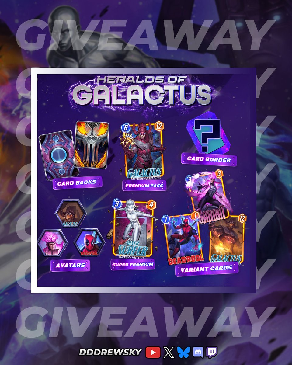 🚨 GIVEAWAY! 🚨

Giving ONE Winner a Premium Season Pass (Doesn't include Silver Surfer FS) for the current Marvel Snap season!

To Enter:
1️⃣ FOLLOW <a href="/dddrewsky/">dddrewsky</a>
2️⃣ LIKE &amp; REPOST this!
3️⃣ TAG a Friend &amp; REPLY: Who is the BEST Marvel Villain and why?!

Ends on 8/13! Good luck! 🍀