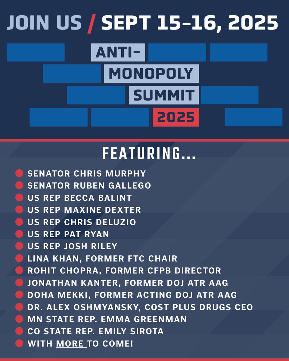 Our annual Anti-Monopoly Summit is back and bigger than ever!

Join us September 15th &amp; 16th for featured sessions on critical policy areas including healthcare, housing, food, electric utilities, manufacturing, and more — tickets available now🎟️👇