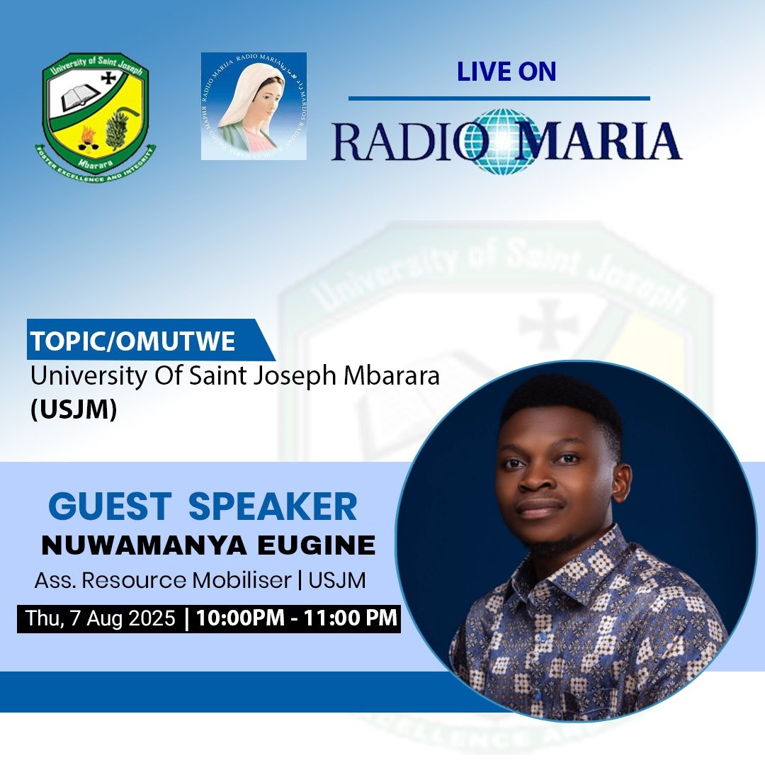 University Of Saint Joseph Mbarara (@usjm_official) on Twitter photo ๐๏ธTonight on the Airwaves,
Join Nuwamanya Eugine (USJM Ass. Resource Mobilizer) on Radio Maria for the evening talk show about University of Saint Joseph Mbarara.
โฐ๏ธ 10PM - 11PM
๐ป Tune in from wherever you are
๐ Frequency: 105.4FM
#VisitUSJM <a href="/USJM_Official/">University Of Saint Joseph Mbarara</a> <a href="/eugine_ug/">Eugine</a> ๐๏ธTonight on the Airwaves,
Join Nuwamanya Eugine (USJM Ass. Resource Mobilizer) on Radio Maria for the evening talk show about University of Saint Joseph Mbarara.
โฐ๏ธ 10PM - 11PM
๐ป Tune in from wherever you are
๐ Frequency: 105.4FM
#VisitUSJM <a href="/USJM_Official/">University Of Saint Joseph Mbarara</a> <a href="/eugine_ug/">Eugine</a>