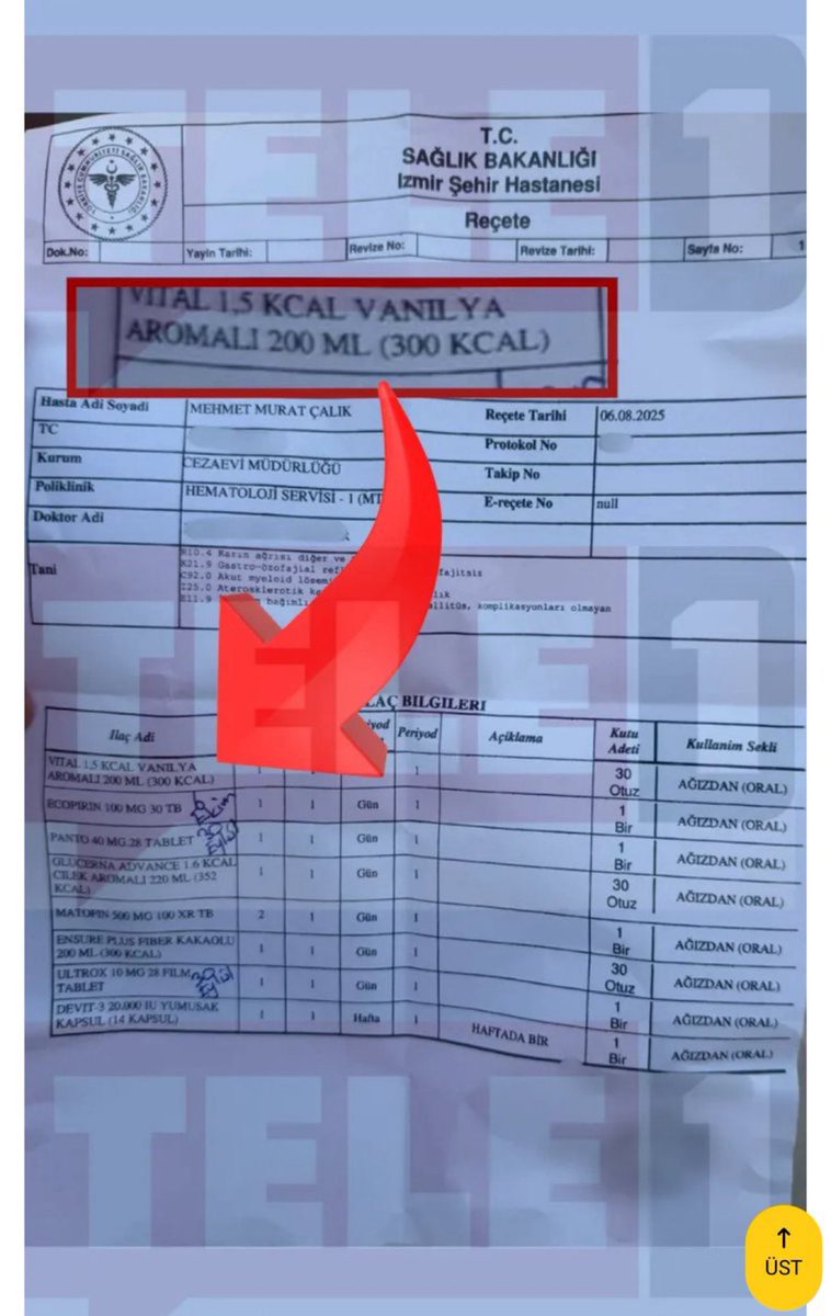 Tutuklu Beylikdüzü Belediye Başkanı Murat Çalık’ın aşırı kilo kaybı önlenemedi. Hastaneden dün yeniden cezaevine sevk edilen Murat Çalık’ın reçetesine mama desteği de yazıldı.

Çalık cezaevinde mama desteği almaya devam edecek.

Ersin Eroğlu