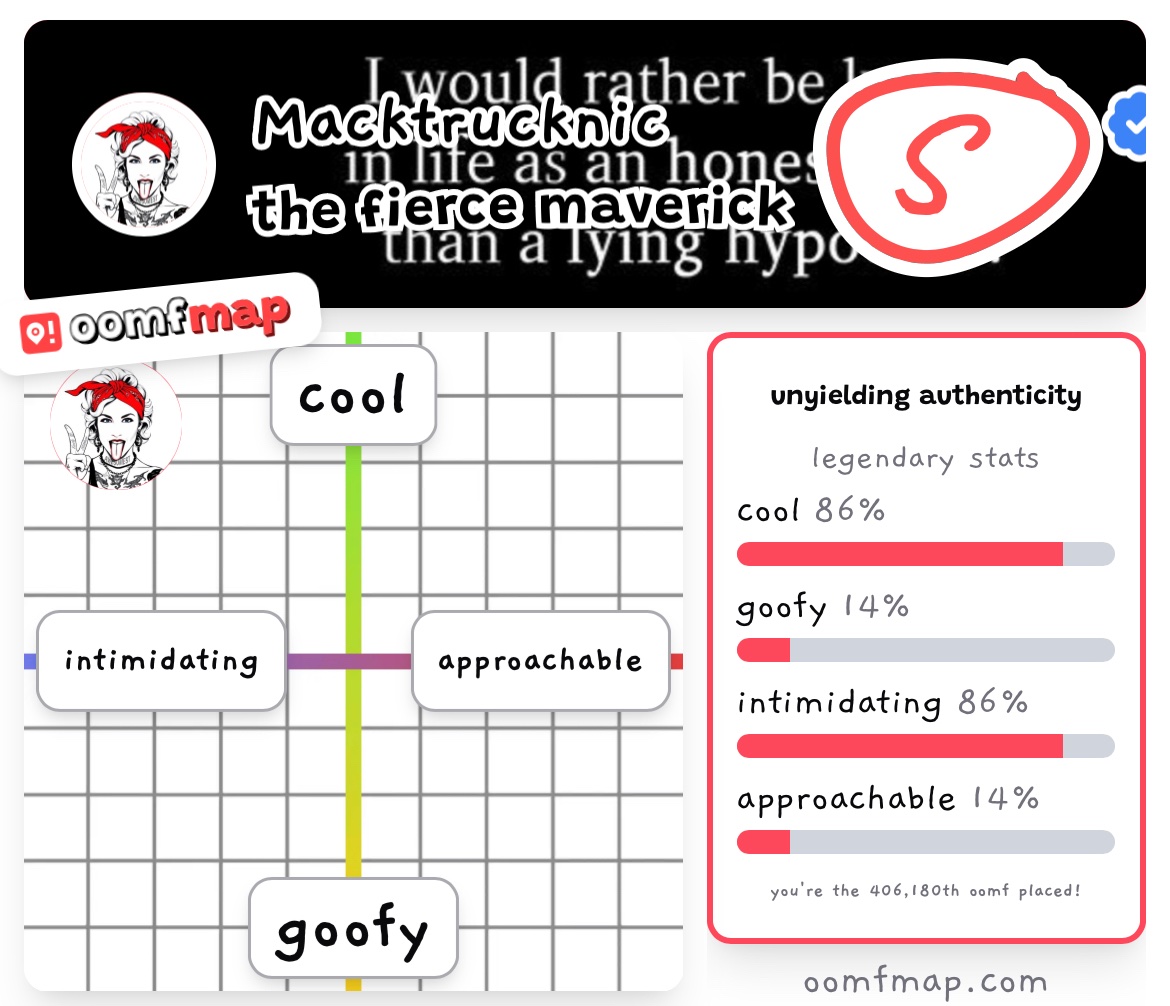 MackTruckNic's tweet image. I am the “Fierce Maverick” with unyielding authenticity 😏
I gotta say I like where this ended, no denying my ‘coolness’ 😝 
Show me yours! Quote or Comment 🙌🏼
Link in comments below  👇🏼