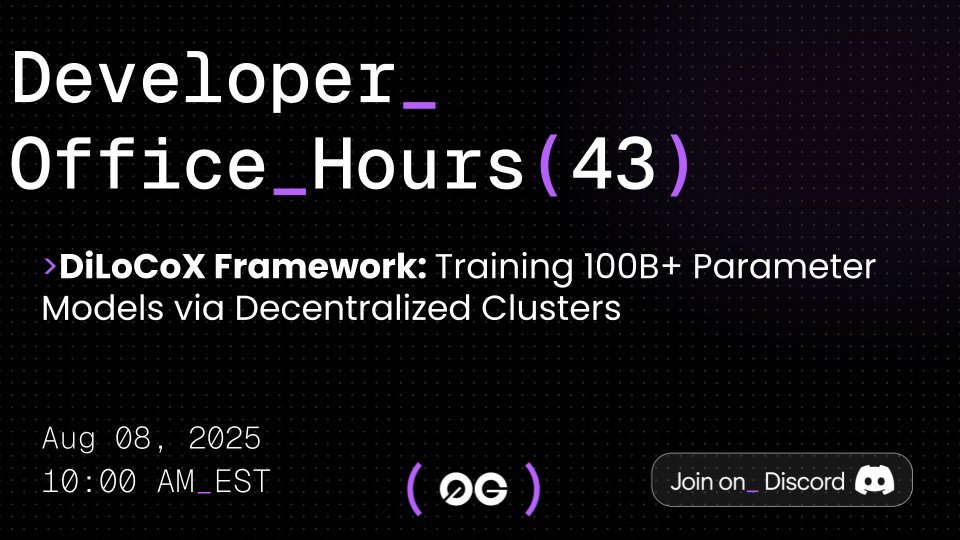0G Labs (Ø,G) - AI L1 (@0g_labs) on Twitter photo How did 0G train a 107B parameter AI model on regular internet speeds?
Join us as <a href="/gathin0x/">Gathin (Ø,G)</a> and <a href="/udhaykumar_bala/">Udhaykumar (Ø,G)</a> break down the DiLoCoX Framework, a game-changer for decentralized AI training.
🗓️ Aug 8
⏰ 10AM EST
Join in 👇
discord.com/events/1210423… How did 0G train a 107B parameter AI model on regular internet speeds?
Join us as <a href="/gathin0x/">Gathin (Ø,G)</a> and <a href="/udhaykumar_bala/">Udhaykumar (Ø,G)</a> break down the DiLoCoX Framework, a game-changer for decentralized AI training.
🗓️ Aug 8
⏰ 10AM EST
Join in 👇
discord.com/events/1210423…