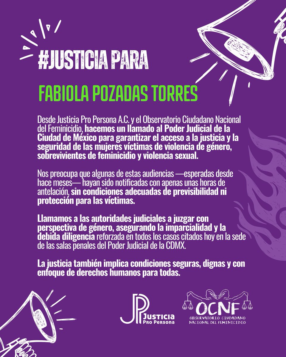🔔 Desde JPP y el <a href="/OCNF/">FeminicidioOCNF</a> hacemos un llamado al <a href="/PJCDMX/">Poder Judicial de la Ciudad de México</a> a garantizar el acceso a la justicia con perspectiva de género, así como la seguridad de las víctimas. 
⚖️ Urge juzgar con imparcialidad, debida diligencia reforzada y en condiciones dignas para todas.

#justiciaparafabiola
