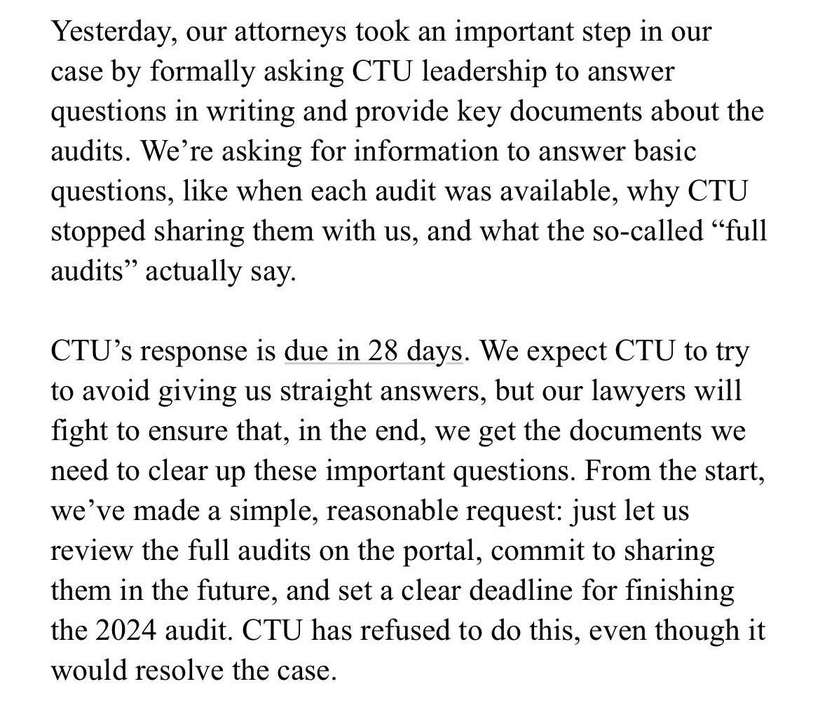 Chicago Contrarian (@chicagocontrar1) on Twitter photo Life for <a href="/stacydavisgates/">⭐️ SDG ⭐️AKA Muse of Chicago Trib Editorial Board</a> and <a href="/CTULocal1/">Chicago Teachers Union</a> leadership just became far more difficult.
Yesterday, CTU was served with a list of reasonable requests to resolve a lawsuit over five years of "missing" Audit Reports filed by <a href="/PhilipWeiss5/">Philip Weiss</a> et al.
CTU could end this litigation now, but Life for <a href="/stacydavisgates/">⭐️ SDG ⭐️AKA Muse of Chicago Trib Editorial Board</a> and <a href="/CTULocal1/">Chicago Teachers Union</a> leadership just became far more difficult.
Yesterday, CTU was served with a list of reasonable requests to resolve a lawsuit over five years of "missing" Audit Reports filed by <a href="/PhilipWeiss5/">Philip Weiss</a> et al.
CTU could end this litigation now, but