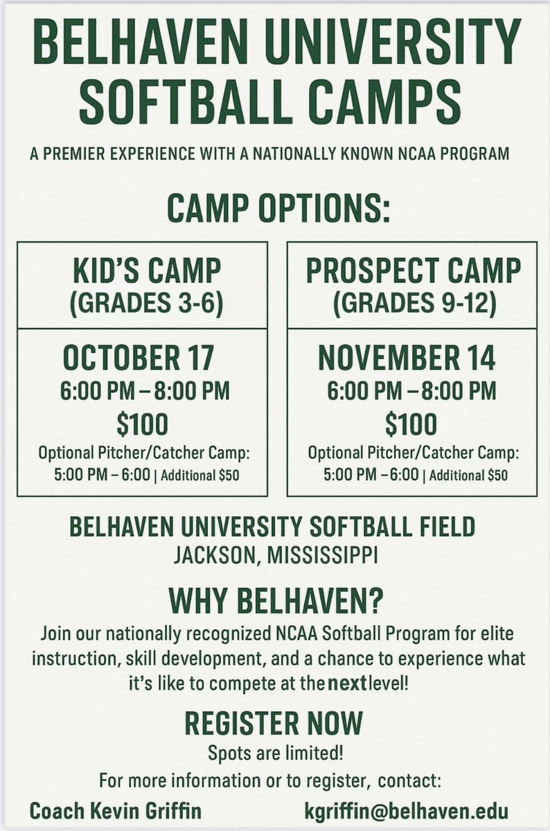 Kevin Griffin (@bucoachgriffin) on Twitter photo Softball Camp opportunities <a href="/BelhavenSB_/">Belhaven Softball</a>. Great opportunity to learn and see our Belhaven Softball Facility! Register Here ⬇️
docs.google.com/forms/d/e/1FAI… Softball Camp opportunities <a href="/BelhavenSB_/">Belhaven Softball</a>. Great opportunity to learn and see our Belhaven Softball Facility! Register Here ⬇️
docs.google.com/forms/d/e/1FAI…