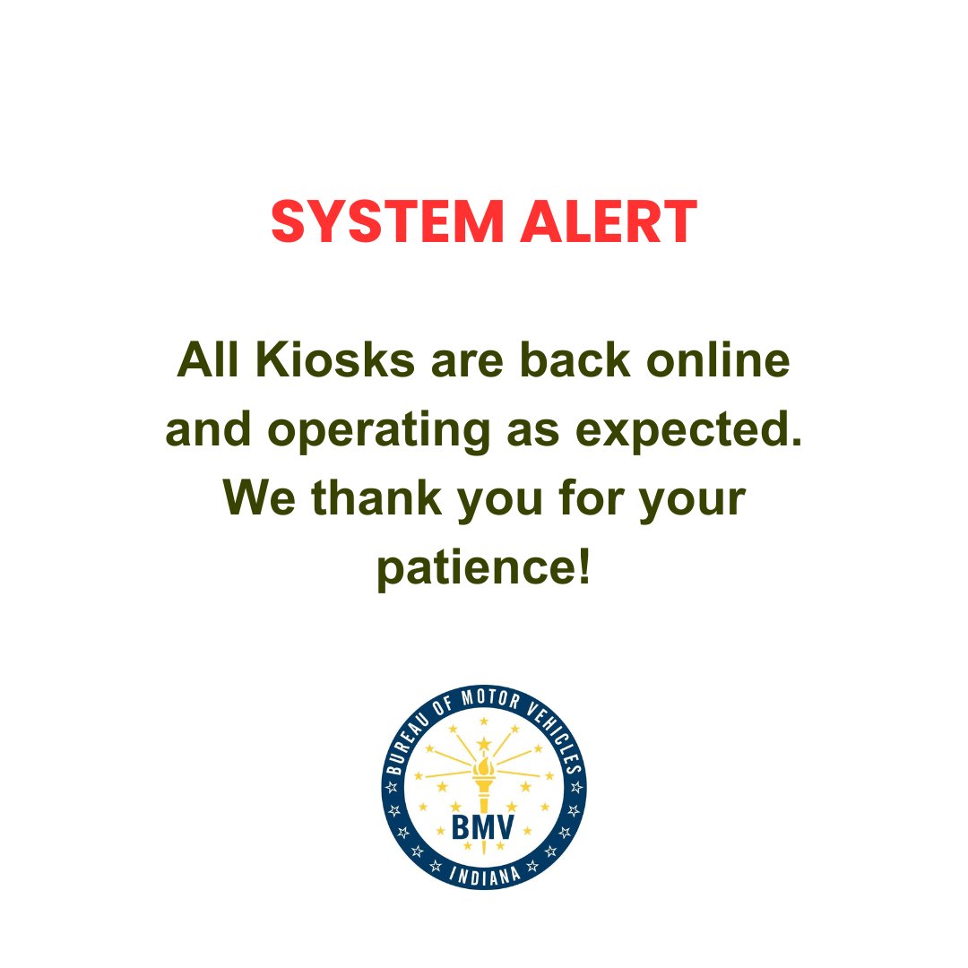 🚨Attention🚨

The kiosks are now back online and working as expected. Thank you for your patience!

#INBMV #IndianaBMV #Updates #News