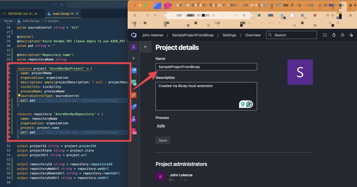 JohnLokerse's tweet image. Bicep ❤️ Azure DevOps! With Bicep Local Deploy, you can interact with more than just Azure or Entra. 

You can connect Bicep to anything. This is going to be amazing! 

#bicep #azuredevops #azure