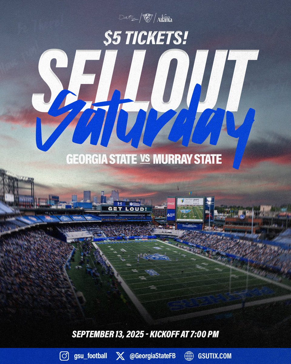 ‼️ SELLOUT SATURDAY ‼️

All tickets for the Georgia State vs. Murray State game on September 13th are $5! 

All current season ticket holders will receive four additional tickets for each season ticket they have.

BUY NOW 🎟️: gsutix.com

#LightItBlue | #NewAtlanta