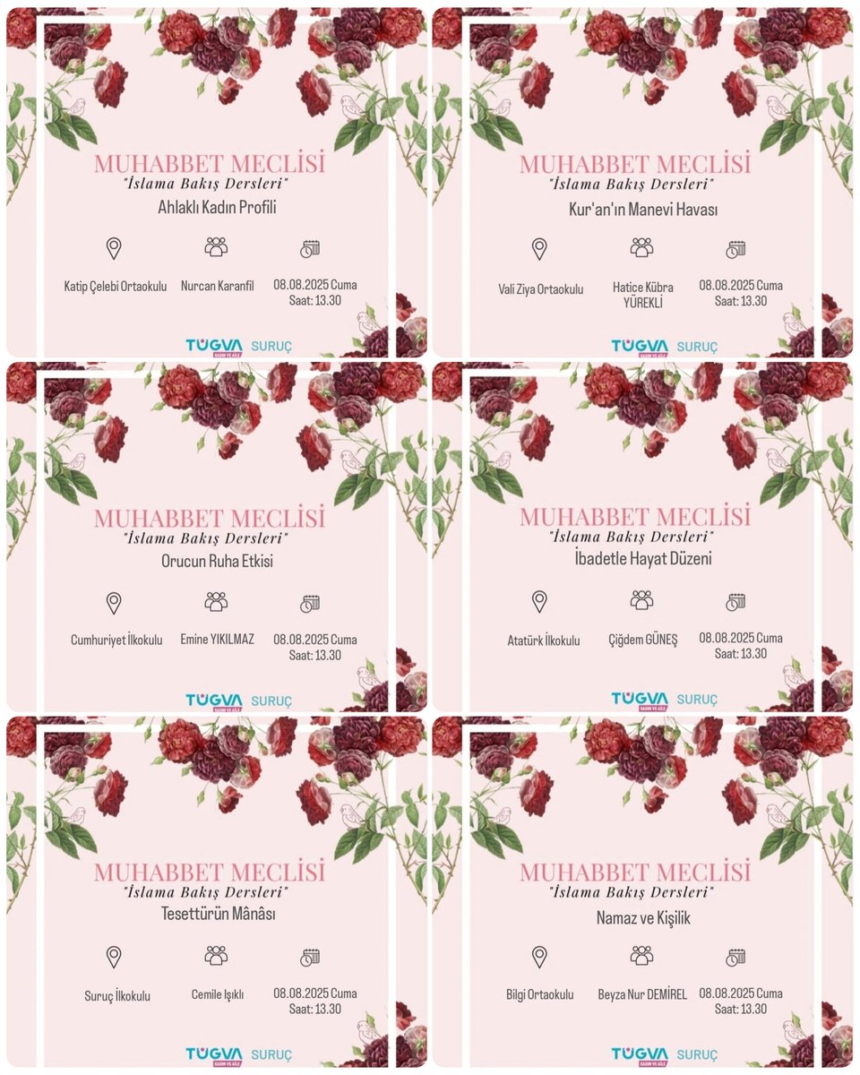 6 ayrı noktada hanım kardeşlerimizle Muhabbet meclislerimizde buluşuyoruz. 🌸

📍Bilgi Ortaokulu
📍Suruç İlkokulu
📍Atatürk İlkokulu
📍Cumhuriyet İlkokulu
📍Vali Ziya Ortaokulu
📍Katip Çelebi Ortaokulu

Tarih 📆: 08.08.2025 Cuma
Saat ⏰: 13.30