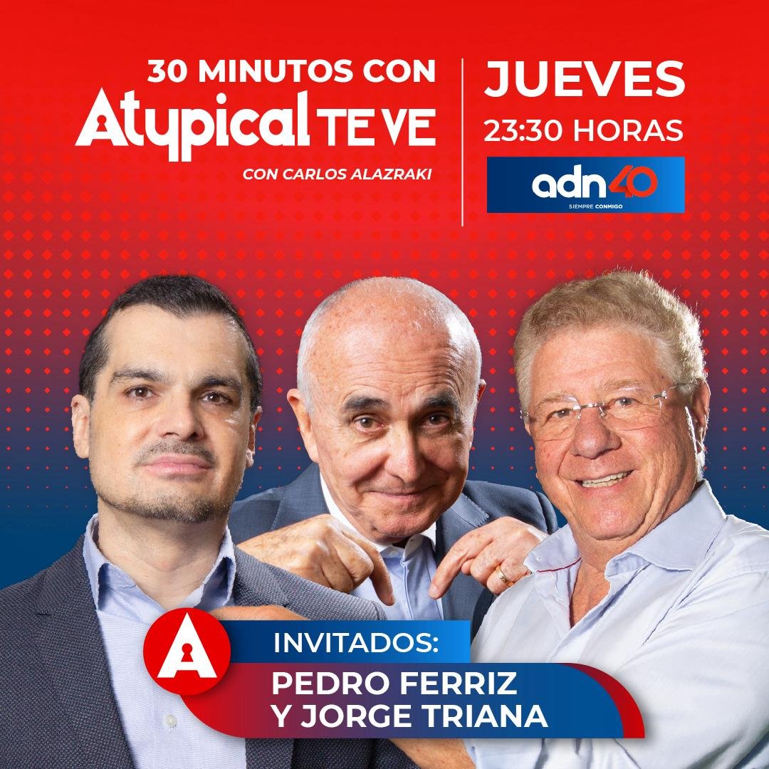 adn40 (@adn40) on Twitter photo ¡Atención! ⚠️ No te puedes perder este jueves Atypical TE VE (<a href="/AtypicalTeve/">Atypical TE VE</a>) con <a href="/carlosalazraki/">Carlos Alazraki</a> solo por adn40 📺
🗣️: Pedro Ferriz (<a href="/PedroFerriz/">Pedro Ferriz de Con</a>) y Jorge Triana (<a href="/JTrianaT/">Jorge Triana</a>)
⏰: 11:30 pm ¡Atención! ⚠️ No te puedes perder este jueves Atypical TE VE (<a href="/AtypicalTeve/">Atypical TE VE</a>) con <a href="/carlosalazraki/">Carlos Alazraki</a> solo por adn40 📺
🗣️: Pedro Ferriz (<a href="/PedroFerriz/">Pedro Ferriz de Con</a>) y Jorge Triana (<a href="/JTrianaT/">Jorge Triana</a>)
⏰: 11:30 pm