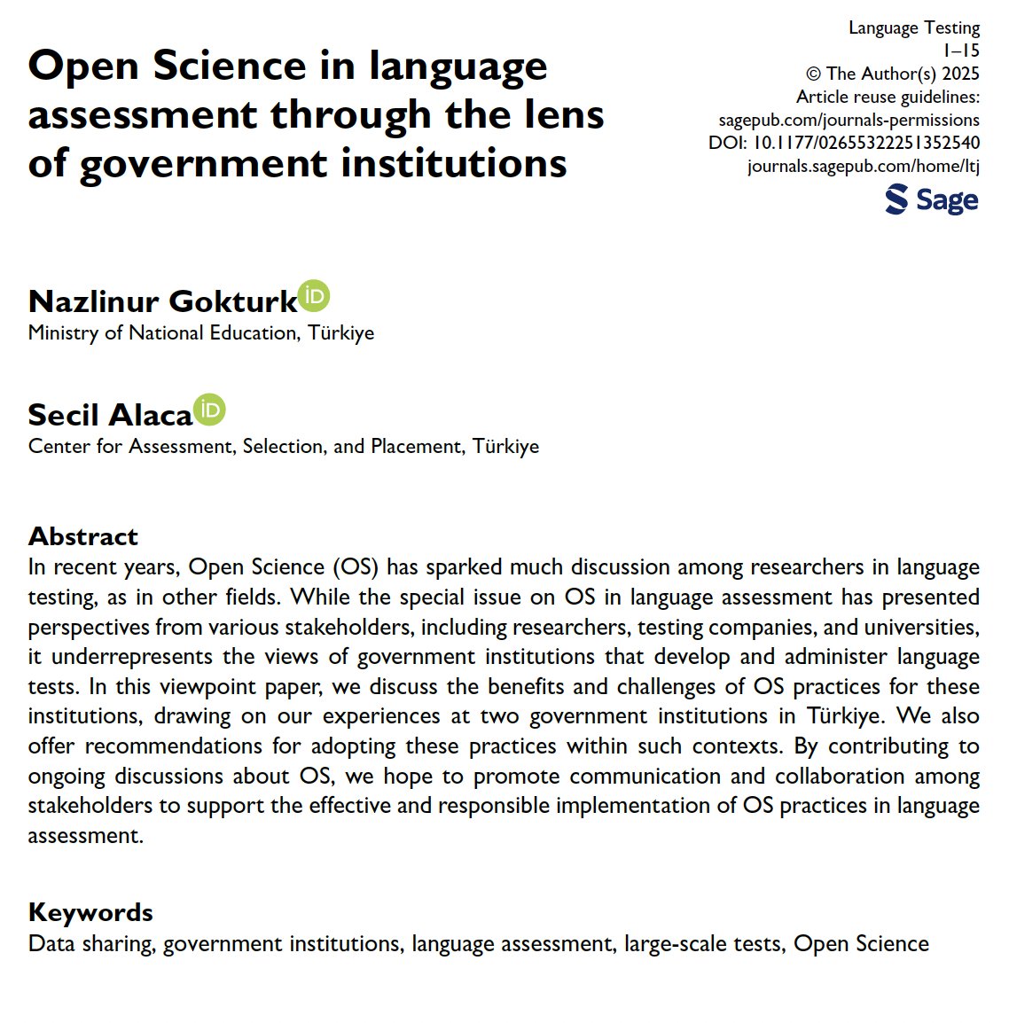 Language Testing (@langtestjournal) on Twitter photo Now available in OnlineFirst, <a href="/nazlinurgokturk/">Nazlınur Gƶktürk</a> and SeƧil Alaca present a Viewpoint on Open Science in language assessment through the lens of government institutions. doi.org/10.1177/026553⦠Now available in OnlineFirst, <a href="/nazlinurgokturk/">Nazlınur Gƶktürk</a> and SeƧil Alaca present a Viewpoint on Open Science in language assessment through the lens of government institutions. doi.org/10.1177/026553ā¦
