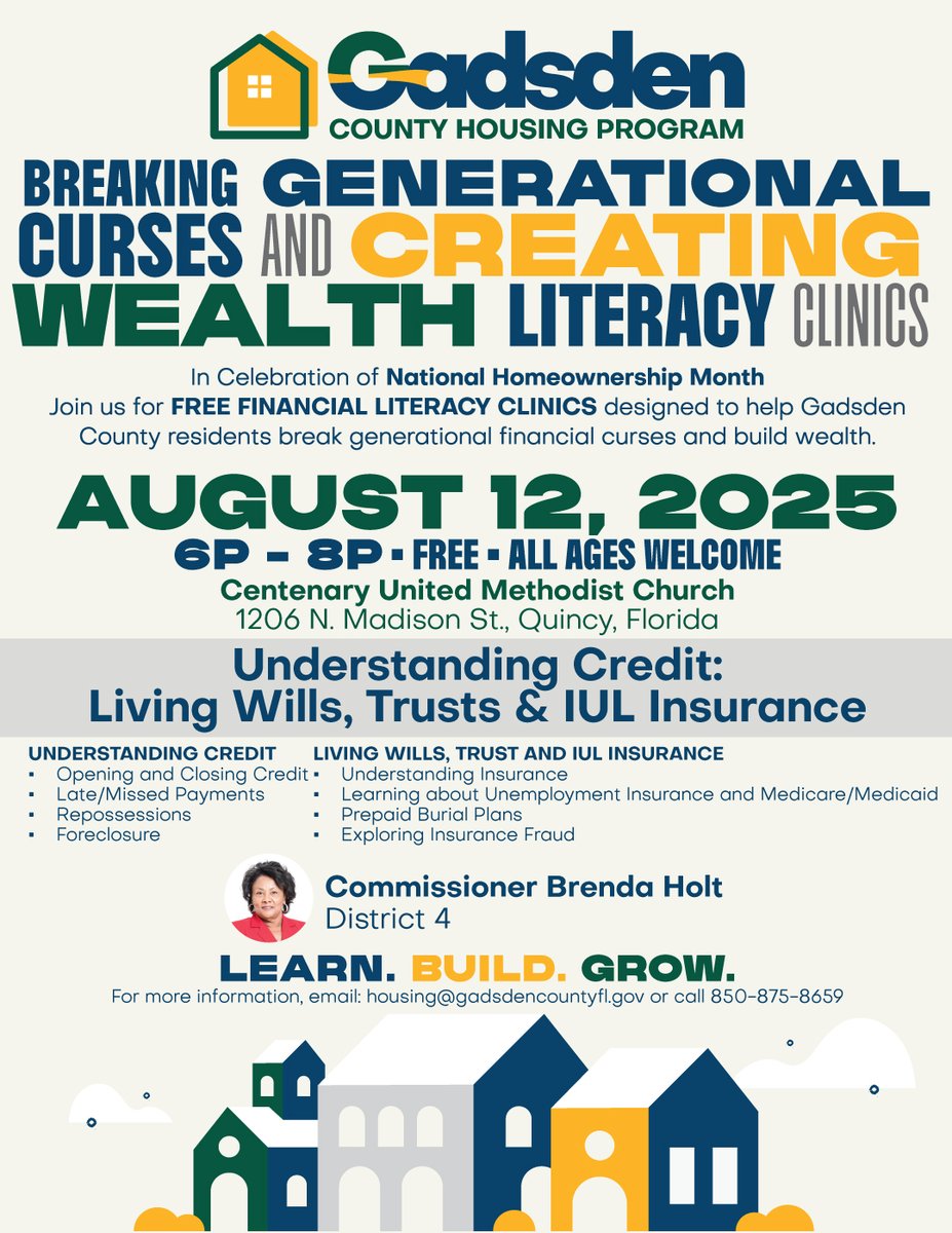Join us for a FREE Financial Literacy Clinic with Commissioner Holt! 📅 Aug 12 @ 6PM | 📍 Quincy
Topics:
✅ Credit
✅ Wills &amp; IUL Insurance
✅ Fraud Awareness

Let’s build generational wealth! Info: 850-875-8659
#GadsdenCounty #FinancialFreedom #freeevent