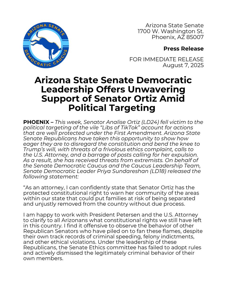AZSenateDems's tweet photo. PRESS RELEASE: Arizona State Senate Democratic Leadership Offers Unwavering Support of Senator Ortiz Amid Political Targeting https://t.co/BDvh2mDMEv