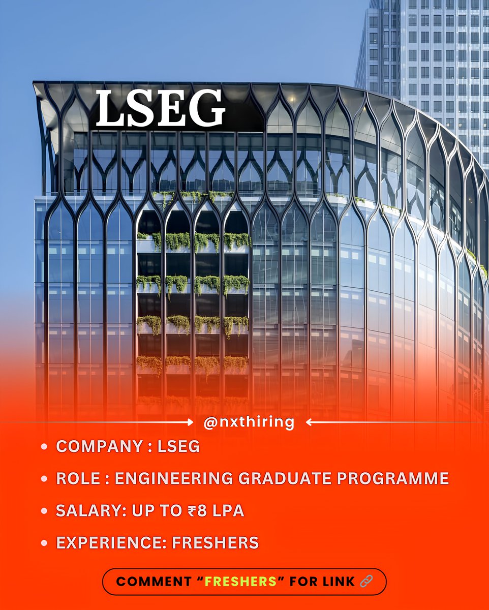 NxtHiring's tweet image. 🚨 
@LSEGplc   is hiring #freshers!

💼 Role: Engineering Graduate Programme
💰 Salary: Up to 8LPA (expected)
🧑‍🎓 Experience:  Freshers 

🔁 Like | 💬 Reply “Freshers” for the link

#LSEG #FresherJobs #EngineeringJobs #TechCareers #Nxthiring