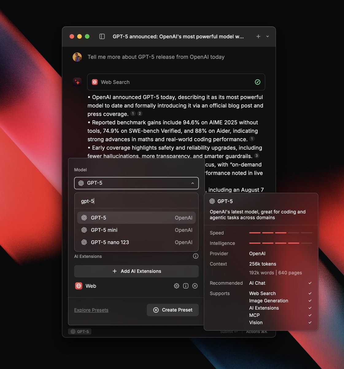 GPT-5 by <a href="/OpenAI/">OpenAI</a> is finally here and available in <a href="/raycast/">Raycast</a>. Three new models:
🧠 GPT-5
⚡ GPT-5-mini
🪶 GPT-5-nano

Use easily with our Pro subscription*, your custom API Key or via <a href="/OpenRouterAI/">OpenRouter</a>.

*GPT-5 requires Advanced AI subscription. mini and nano are available in Pro.