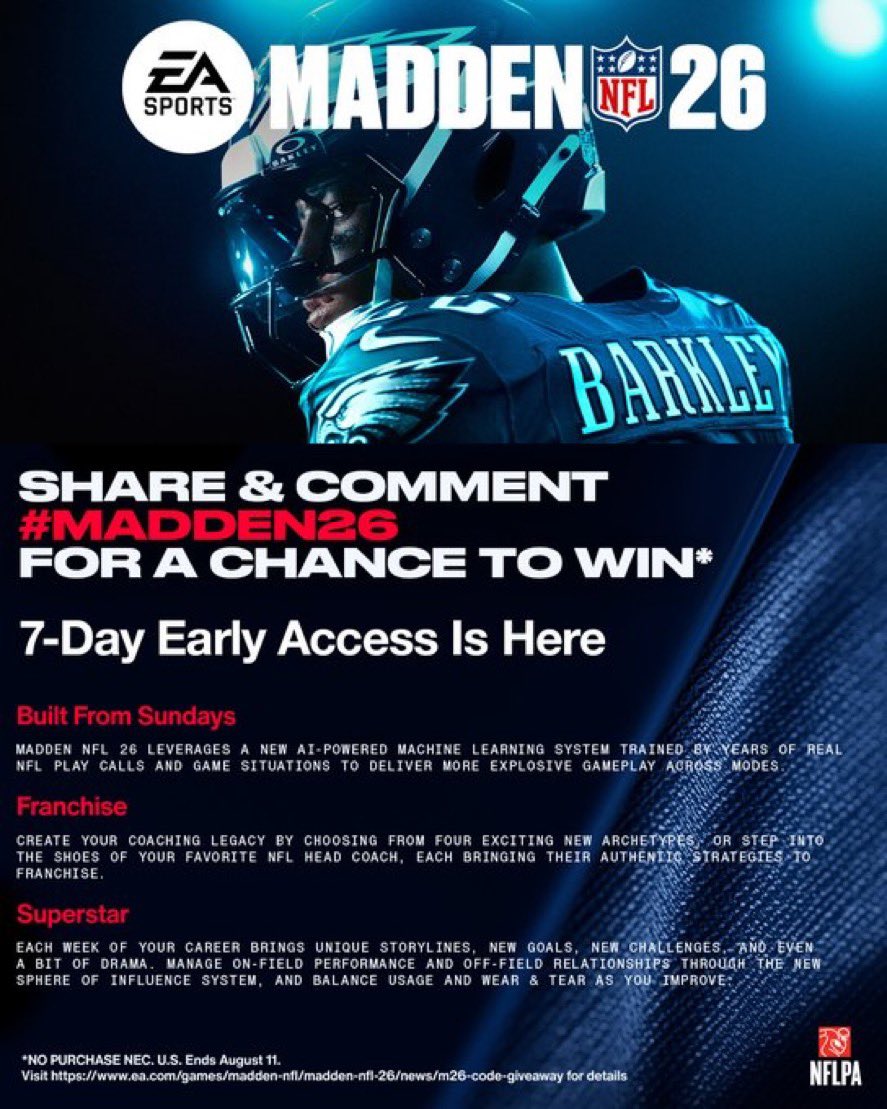 It’s that time again!!!!!! Madden giveaways for Xbox and PlayStation. Use #Madden26 and retweet and follow!!! Play Now 7 days early!!!