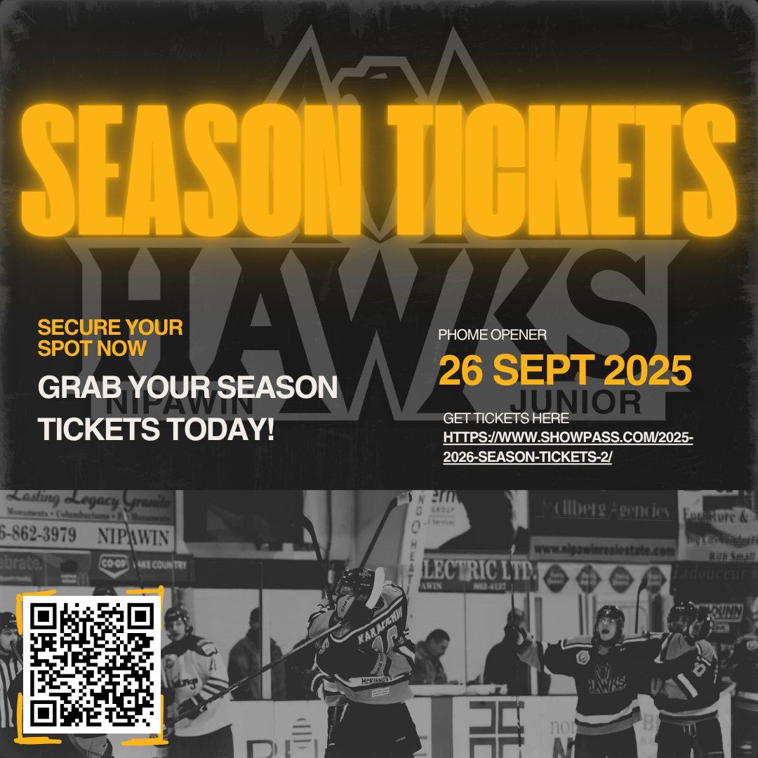 🚨 Hey Hawks Fans! 🚨
The Home Opener is coming in hot 🔥 and you do not want to miss it!
💥 This is our year. This is our time. Let’s pack the barn!
🎟️ Grab your season tickets now →showpass.com/2526-season-ti…
Let’s go boys! 💛🖤
#FillTheCage #NipawinHawks #SJHL #HomeOpenerHype