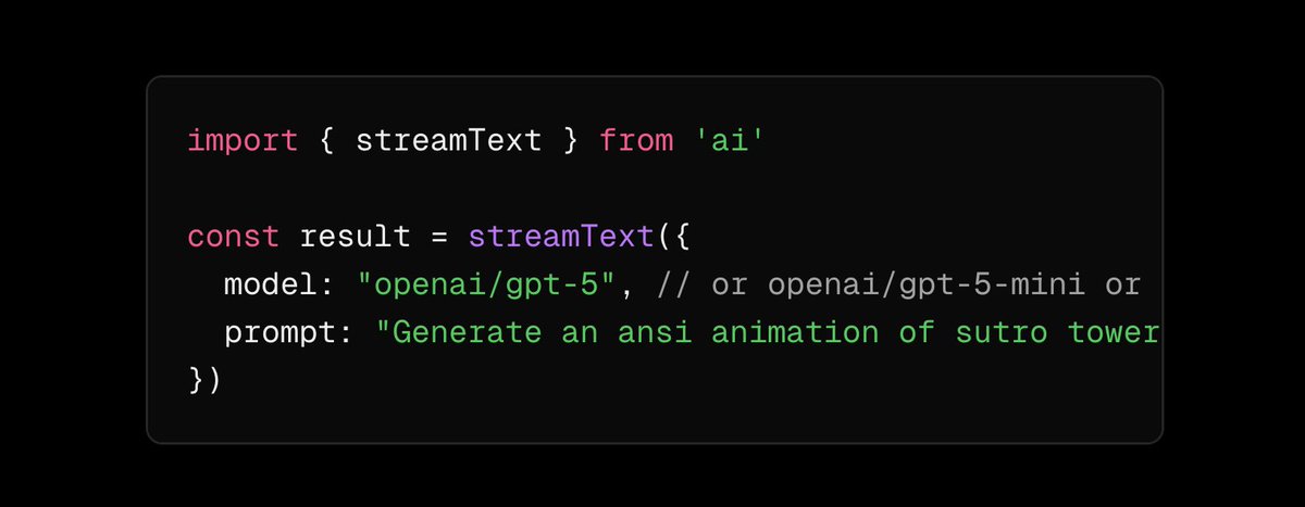Guillermo Rauch (@rauchg) on Twitter photo If youโre using <a href="/aisdk/">AI SDK</a> and AI Gateway, you replace one string to โ๐๐๐๐๐๐/๐๐๐-๐ปโ and youโre live. No signup required.
As an aside, I donโt think Iโve ever seen an industry that moves this fast, with the switching costs this low. The best intelligence wins. If youโre using <a href="/aisdk/">AI SDK</a> and AI Gateway, you replace one string to โ๐๐๐๐๐๐/๐๐๐-๐ปโ and youโre live. No signup required.
As an aside, I donโt think Iโve ever seen an industry that moves this fast, with the switching costs this low. The best intelligence wins.