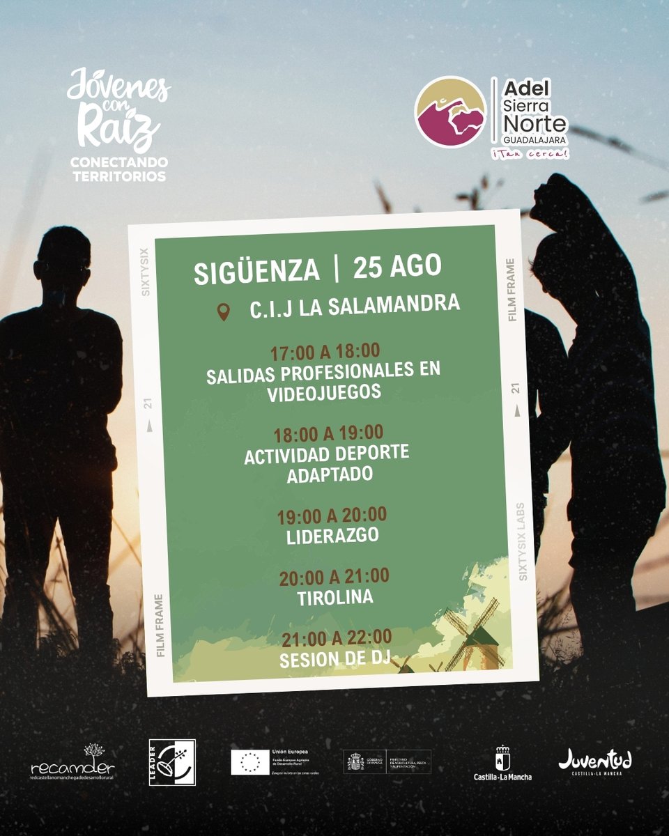 🌱 ¡El 25 de agosto, Sigüenza vibra con #JóvenesConRaíz!
📍 CIJ La Salamandra
🎮 Videojuegos | ♿ Deporte adaptado | 🧗 Tirolina | 🎧 DJ
🚌 Transporte gratis
🎟️ Inscripción libre 
#ADEL #JuventudRural