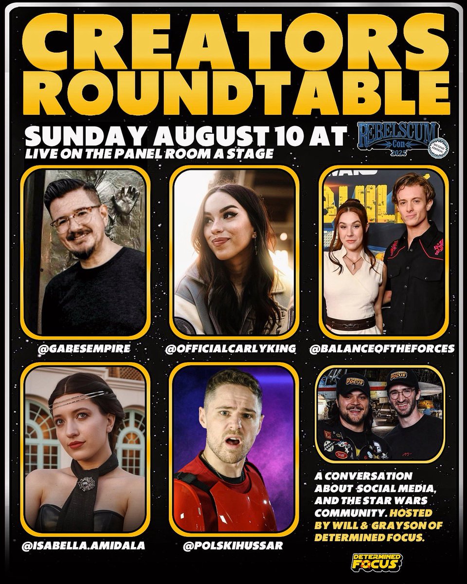 Will of The Force - Will Diamond (@will_oftheforce) on Twitter photo Join us August 10th in Panel Room A for the Creators Roundtable!
Catch some of the best in the creator space together on the same stage at @rebelscumconofficial βΌοΈ
<a href="/bigdaddyankee/">carly king</a>
<a href="/PolskiHussar/">PolskiHussar</a>
<a href="/richiexchanel/">balanceoftheforces</a>
<a href="/isabellaamidala/">Isabella π rots 20th anniv era β€οΈβπ₯</a>
<a href="/MortisFM_/">Grayson S</a> Join us August 10th in Panel Room A for the Creators Roundtable!
Catch some of the best in the creator space together on the same stage at @rebelscumconofficial βΌοΈ
<a href="/bigdaddyankee/">carly king</a>
<a href="/PolskiHussar/">PolskiHussar</a>
<a href="/richiexchanel/">balanceoftheforces</a>
<a href="/isabellaamidala/">Isabella π rots 20th anniv era β€οΈβπ₯</a>
<a href="/MortisFM_/">Grayson S</a>