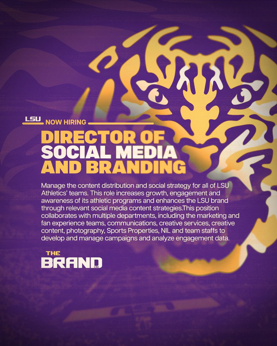 The No. 1 Social Media Brand in College Sports

We’re hiring a Director of Social Media and Branding to manage content distribution &amp; strategy for all of our athletic teams!

Apply Now: lsul.su/4owXcdo