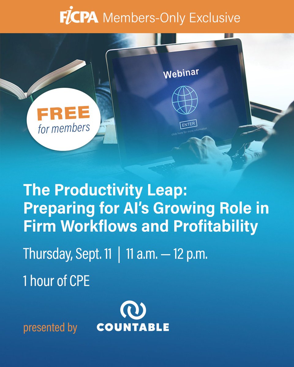 Tap into your CPA firm’s AI curiousness. Attend the <a href="/FICPA/">FICPA</a>'s Sept. 11 Members-Only Webinar, “The Productivity Leap: AI’s Growing Role in Workflows and Profitability.” Gain immediate implementation insights from <a href="/Countableco/">Countable</a>'s Atin Gupta and Harpaul Lehry. ficpa.org/cpe/581677kak:…