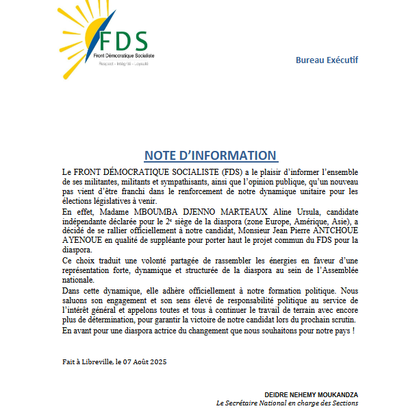 FdsIdf's tweet photo. 📢 Grande nouvelle pour la diaspora ! 🌍

Aline Ursula MBOUMBA DJENNO MARTEAUX, candidate indépendante au 2e siège diaspora (Europe, Amérique, Asie), rejoint officiellement le FDS et devient la suppléante de notre candidat Jean Pierre ANTCHOUE AYENOUE.

#FDS #DiasporaGabonaise https://t.co/6fF42NVtrJ