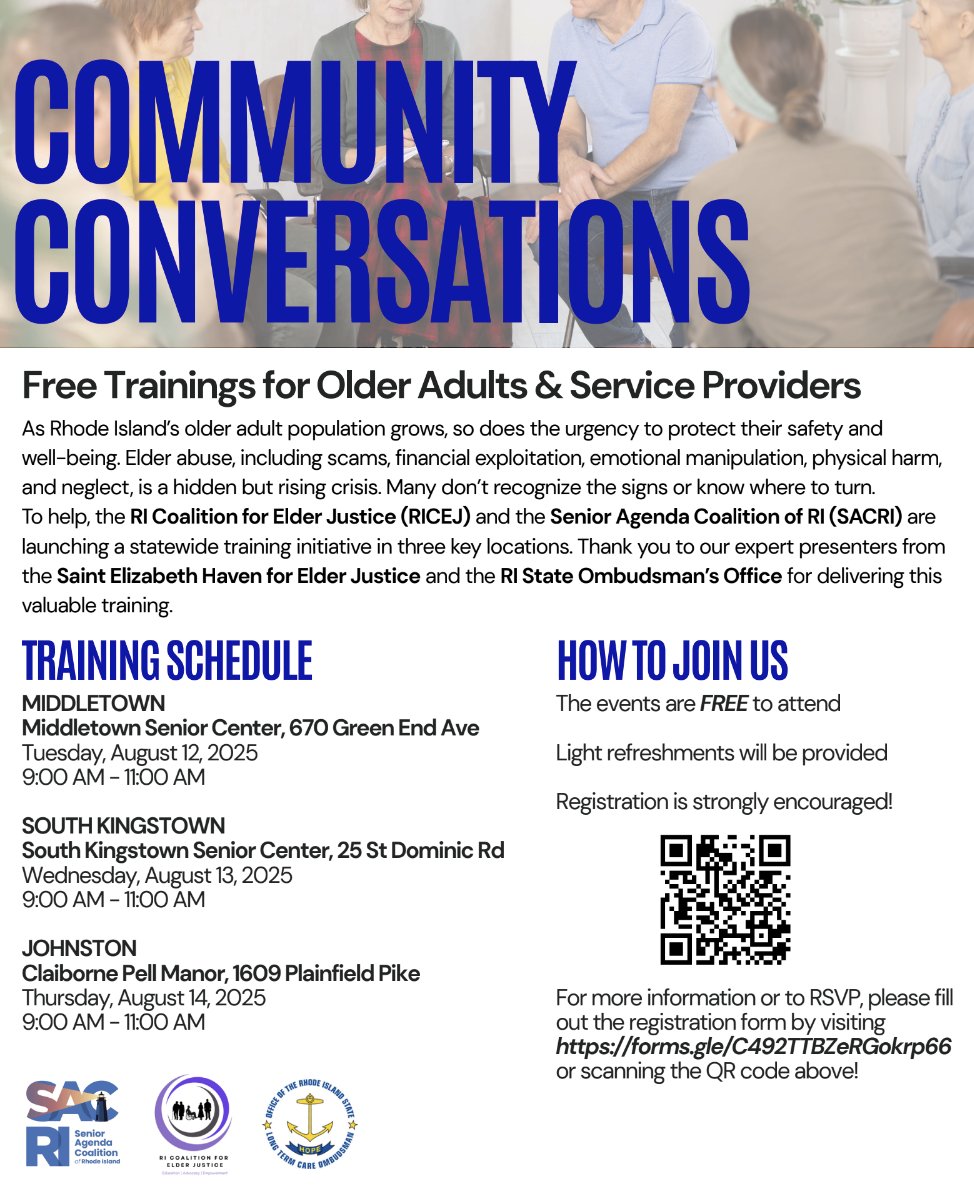 Next week! Join the RI Coalition for Elder Justice for their Community Conversations Training Sessions. This initiative launched in partnership with the Senior Agenda Coalition of Rhode Island.
#elderabuse #ElderJustice #ElderAbuseAwareness #RhodeIsland