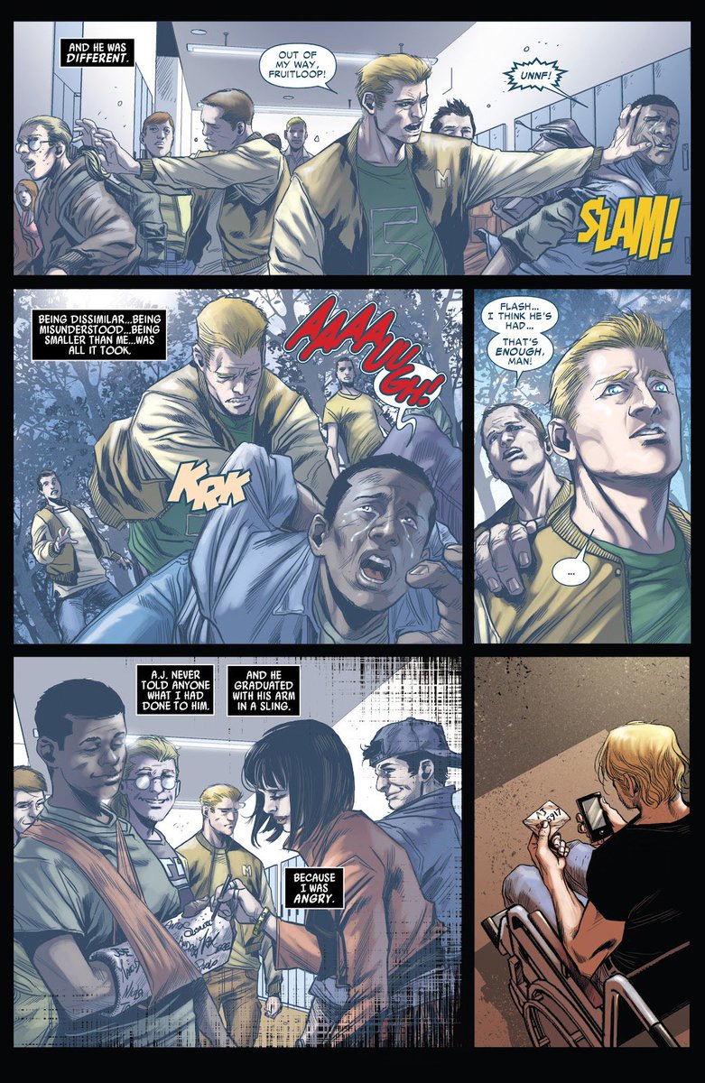 Mon élément favori de ce run c’est son protagoniste, Flash Thompson.
Les scénaristes l’ont très bien écrit en montrant son sombre passé,ses défauts et sa situation familiale compliquée.

Flash est un personnage fascinant et profondément humain auquel je me suis rapidement attaché