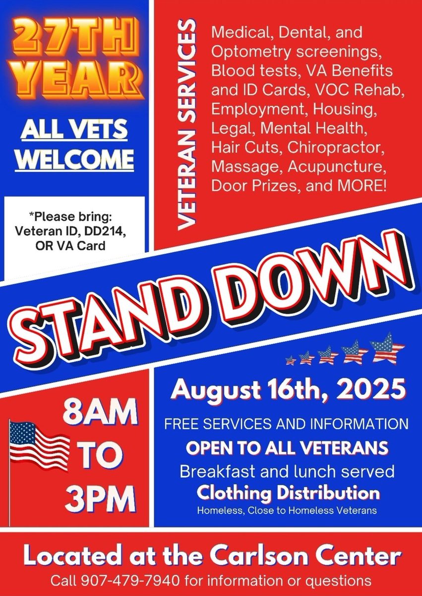 A Veteran Stand Down event is scheduled to take place in Fairbanks on August 16th at the Carlson Center from 8:00 AM to 3:00 PM. All veterans are welcome.