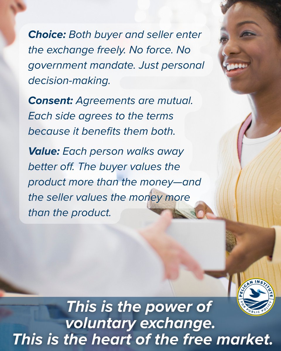 PelicanInst's tweet image. In a free market, every transaction is voluntary.
No one is forced to buy or sell—both sides agree. That’s what makes it fair.
#FreeMarket #VoluntaryExchange