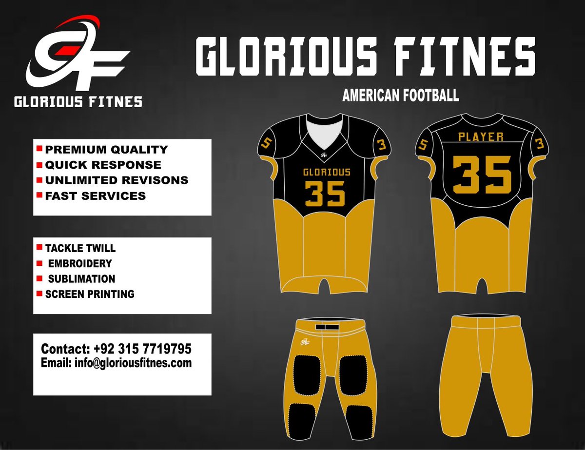 American Footballl Season 2025.
“Experience Quality 
.Contact us today all your Custom Sports Uniforms &amp; Apparels.
Glorious Fitnes Competitive prices, 
Fast turnaround, high quality! DM us to place your order today.
Email: info@gloriousfitnes.com
WhatsApp Number. +92 315 7719795