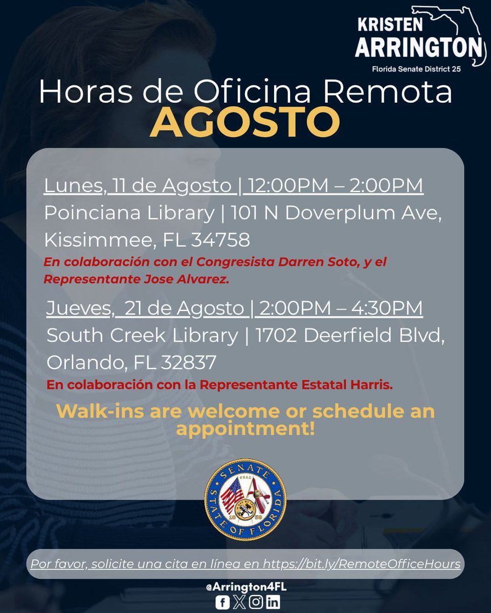 We’re making it easy to connect—Senator Arrington’s team will host Remote Office Hours this August in partnership with Congressman Darren Soto, Representative Jose Alvarez, and Representative Rita Harris!

🗓 Monday, August 11th | 12:00 PM – 2:00 PM
📍 Poinciana Library – 101 N