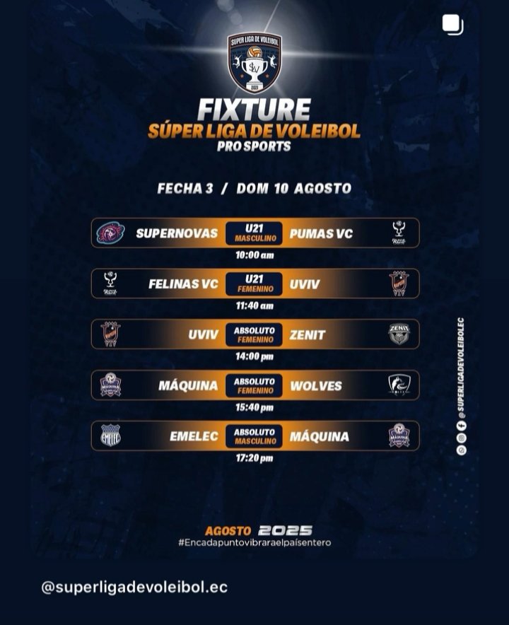 csevoleibol (@csevoleibol) on Twitter photo Vive este domingo a las 17h20 en UVIV una experiencia llena de adrenalina asistiendo y apoyando al <a href="/CSEmelec/">Club Sport Emelec</a> en su 2do partido en la SLV a conseguir un nuevo triunfo; el ingreso $2.
#SúperLigaDeVoleibol #CategoríaAbsoluta #VoleibolMasculino
<a href="/Jorgeguzman_ofi/">Jorge Guzman</a> Vive este domingo a las 17h20 en UVIV una experiencia llena de adrenalina asistiendo y apoyando al <a href="/CSEmelec/">Club Sport Emelec</a> en su 2do partido en la SLV a conseguir un nuevo triunfo; el ingreso $2.
#SúperLigaDeVoleibol #CategoríaAbsoluta #VoleibolMasculino
<a href="/Jorgeguzman_ofi/">Jorge Guzman</a>
