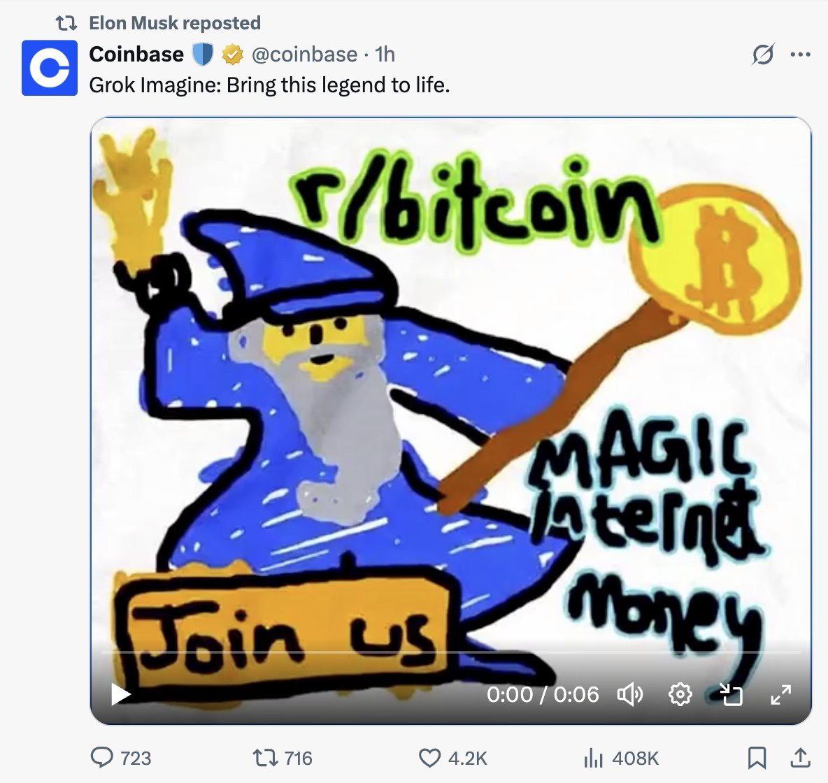 JUST IN: Elon Musk reposts 'magic internet money' Bitcoin meme.
