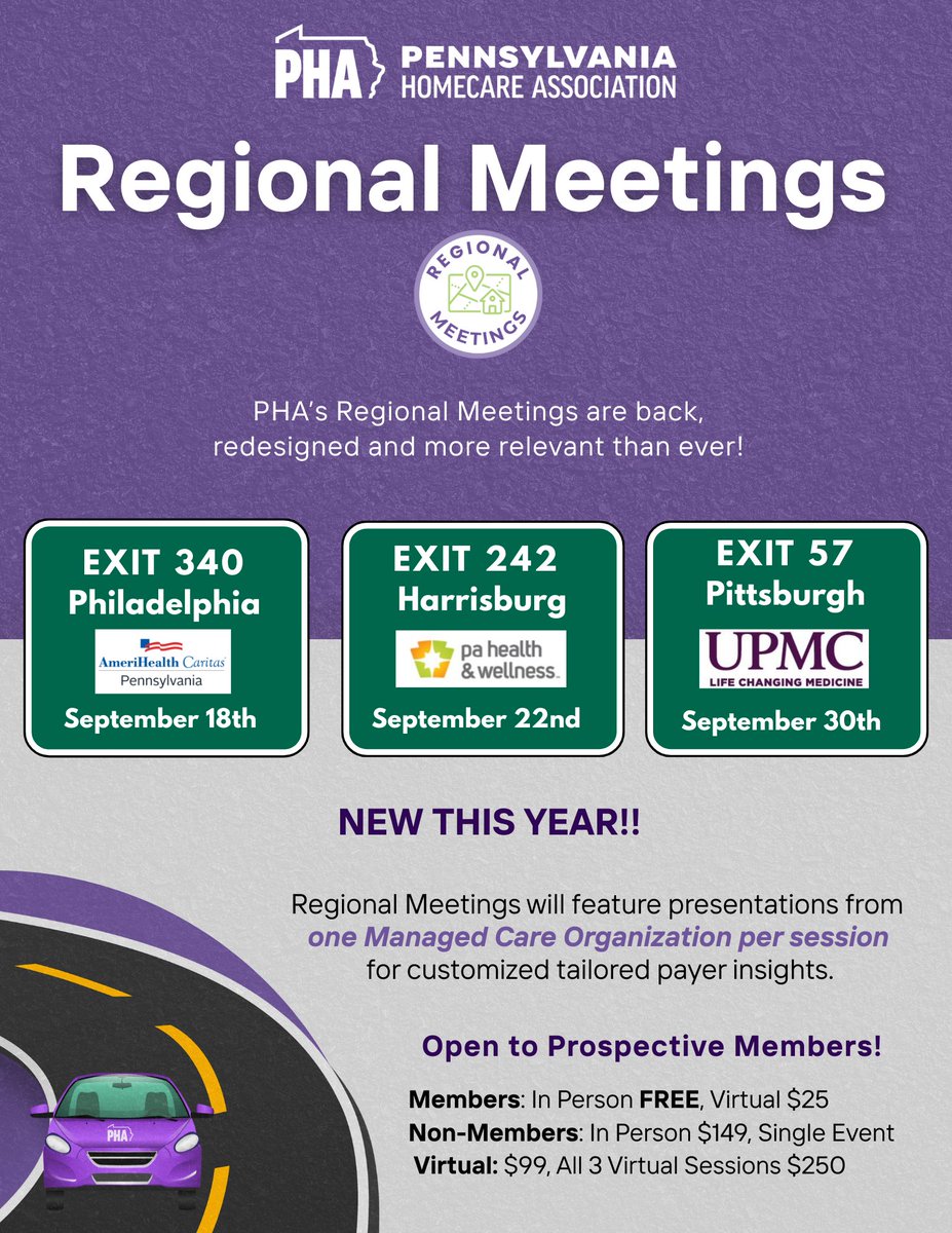 Regional Meetings are back with custom MCO insights and in-person sessions are FREE for members!

📍Philly – Sept 18 | Harrisburg – Sept 22 | Pittsburgh – Sept 30

🔗 Register: pahomecare.org/events/list/?t…