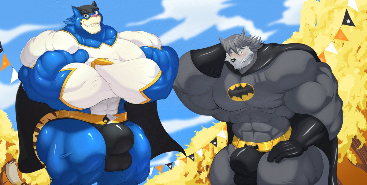 Reupload of #NSFW Commission for <a href="/furryexpat/">Zakuten</a> of big bulgin' Morenatsu men dressed up as superheroes 💪